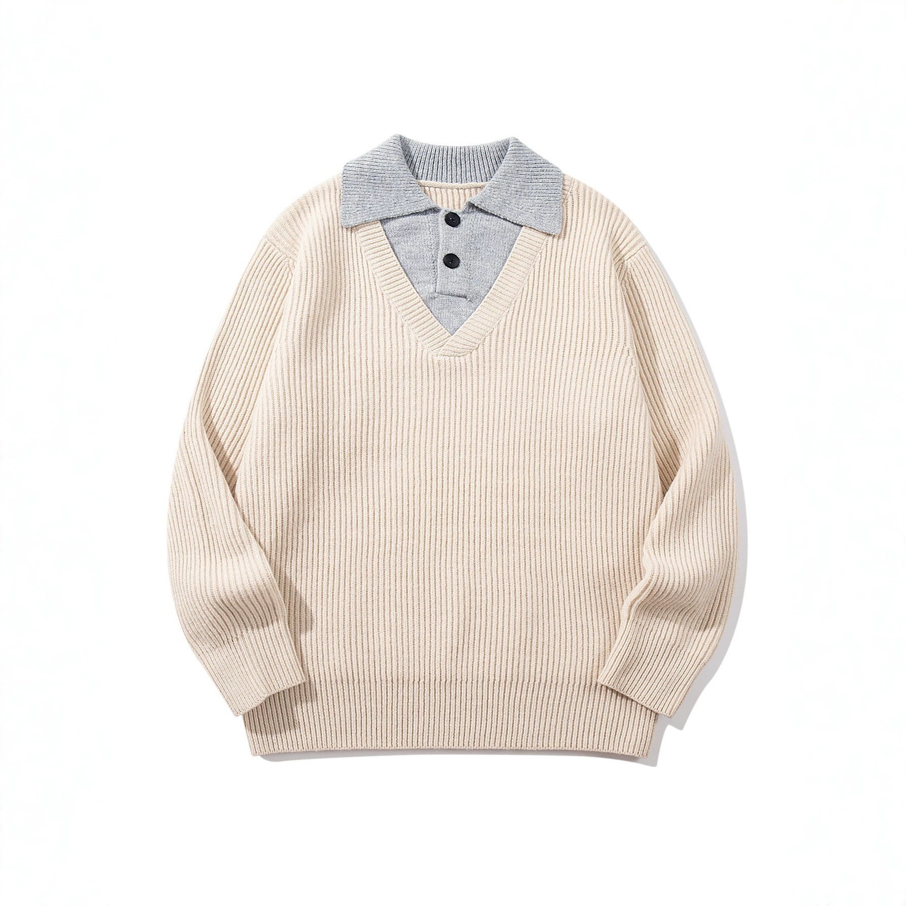Minimalist Design Two-in-One V-Neck Color-Blocking Knit Sweater