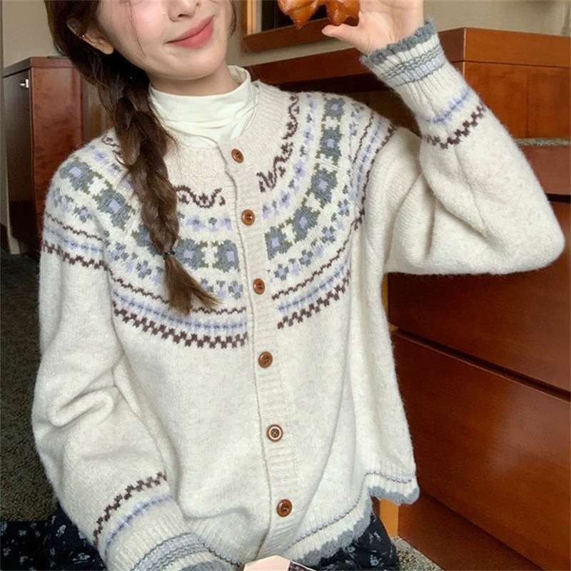 Fair Isle Vintage Knit Cardigan for Women Cozy Knit Sweater Coat with Retro Pattern Design