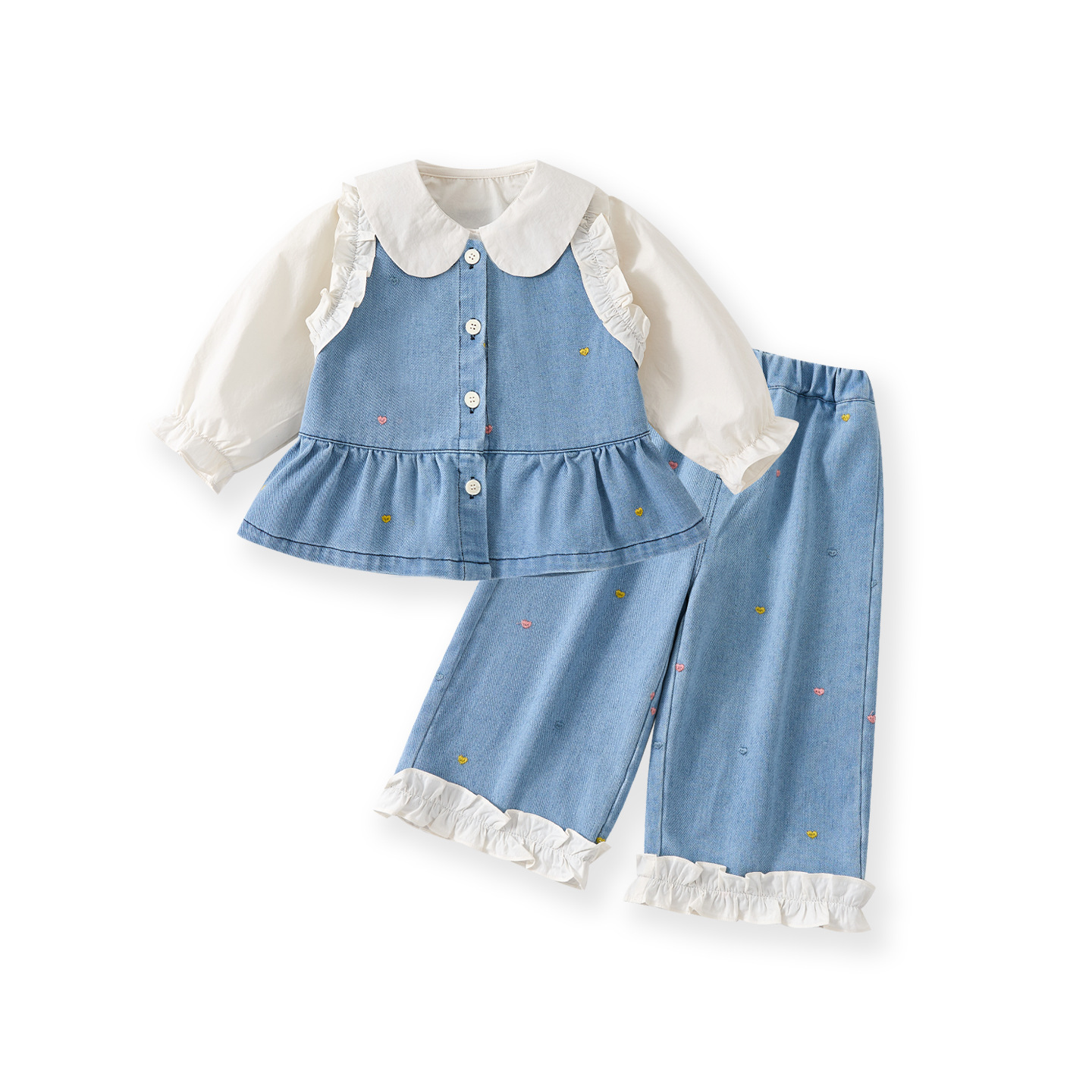Girls' Denim Three-Piece Set, Sleeveless Cardigan Ruffled Wide-Leg Pants Outfit