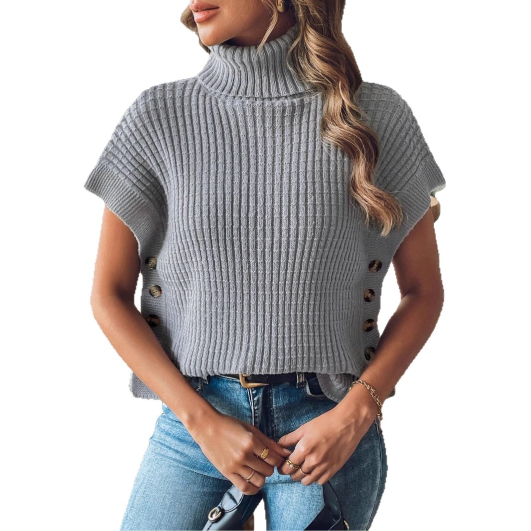 Lady Vest, High Neck Casual Pullover Sweater Vest with Button Detailing,Style Women's Top