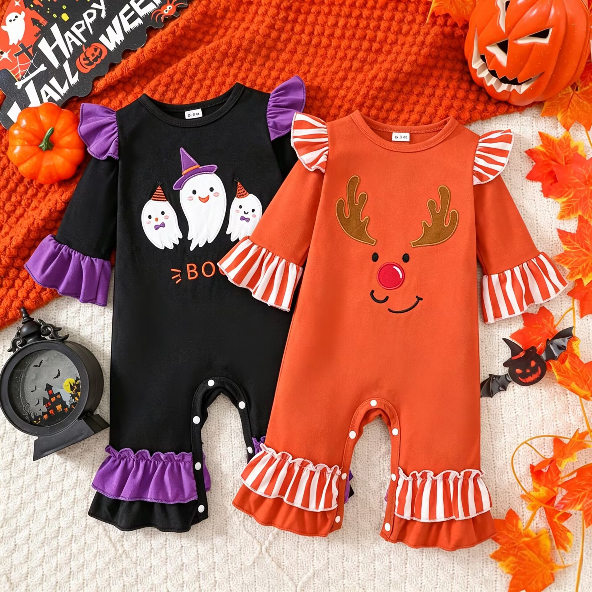Infant Halloween Romper with Ruffle Ghost Deer Embroidery Long Sleeve Onesie Baby Outerwear Crawling