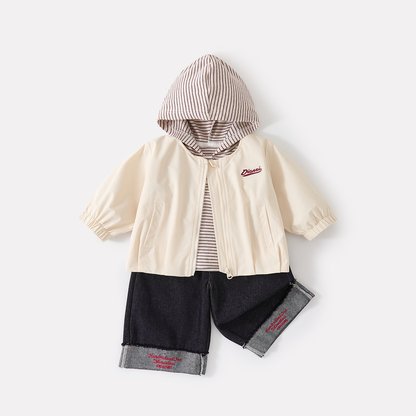 Boys' Autumn Striped Hooded Top, Embroidered Cuff Jeans Three-Piece Set