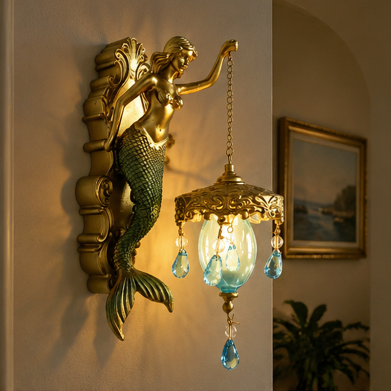 Vintage Resin Mermaid Wall Lamp Decorative Ornament, Elegant Minimalist Hanging Decoration