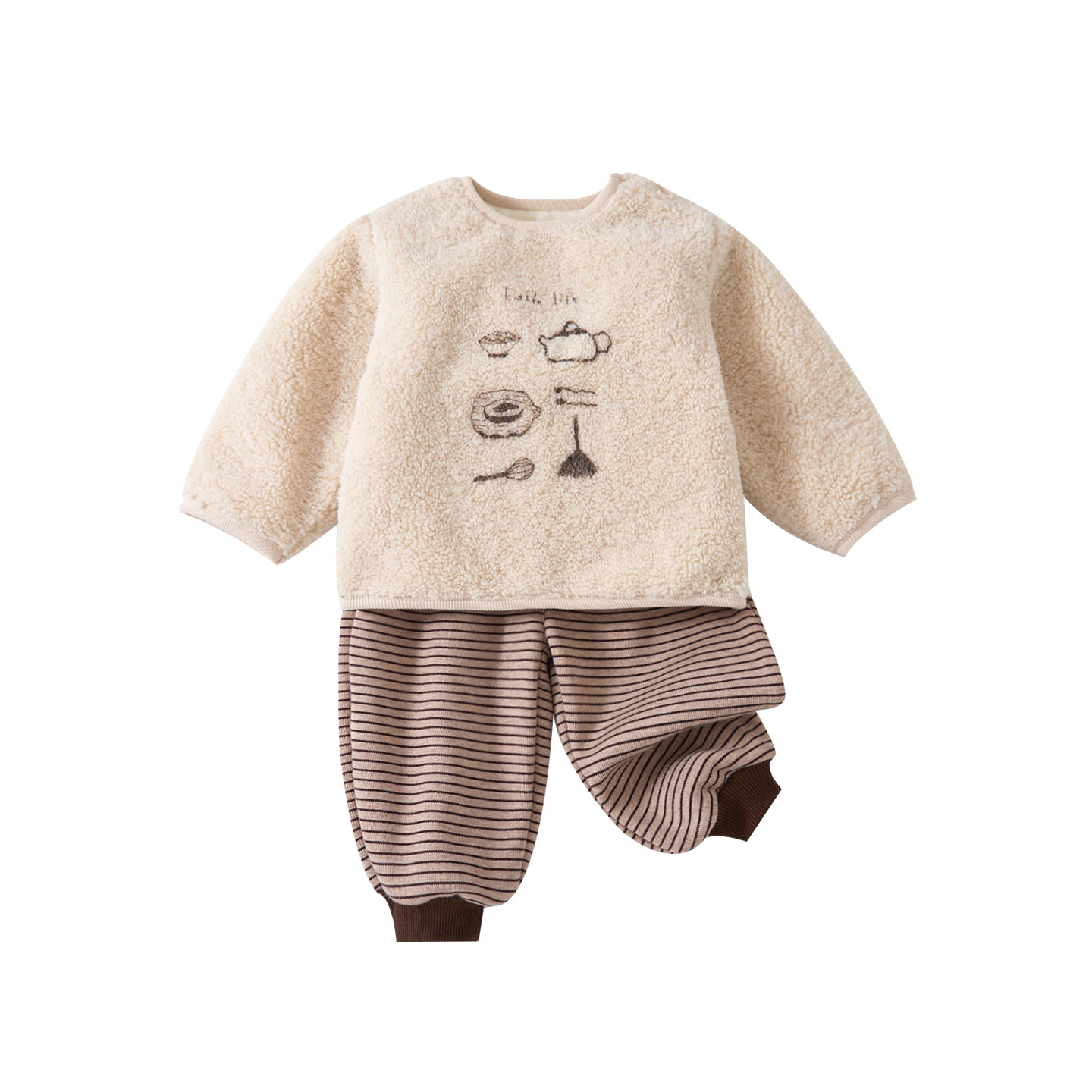 Fleece Outfit Set Thickened Hoodie and Striped Pants Two-Piece Set