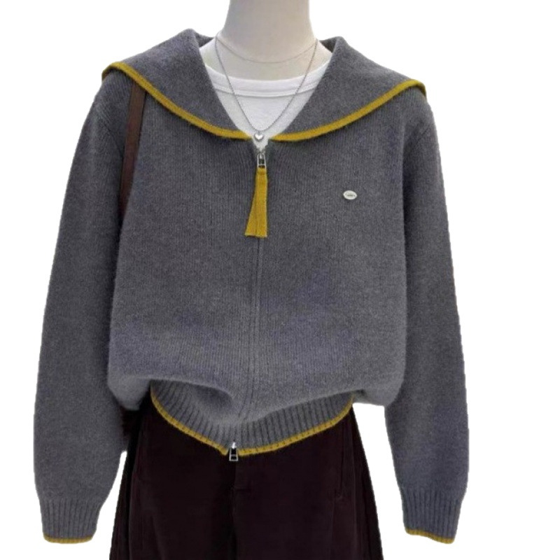 Cute Navy Peter Pan Collar Color-blocked Loose Slimming Warm Soft Knit Cardigan Sweater Coat for