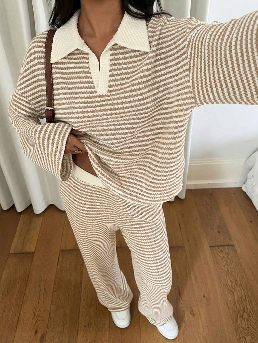 Both colorways of striped wide leg pants set – apricot and brown side by side