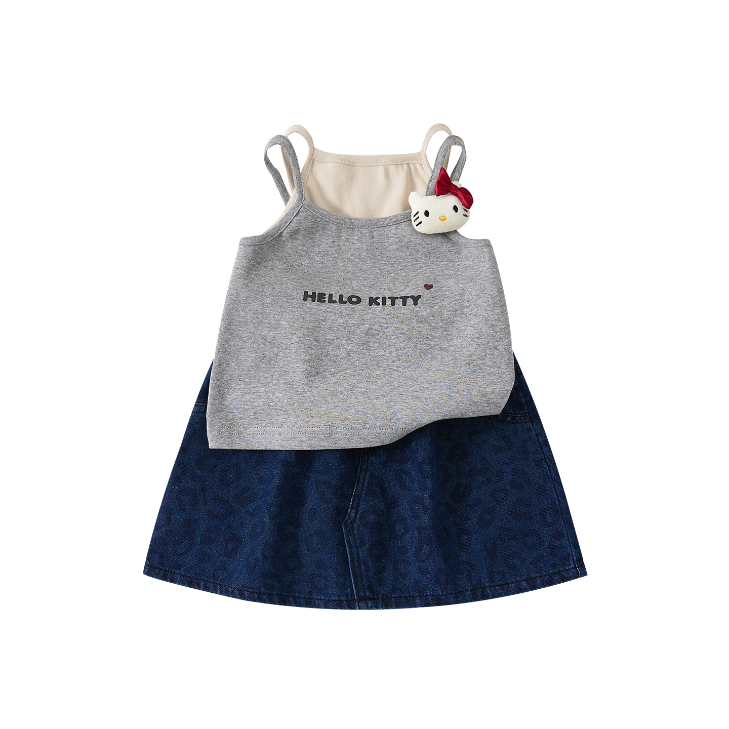 Lightweight Sweet Cute 3D Cartoon Faux Two-Piece Strap Top with Leopard Print Denim Skirt Children's