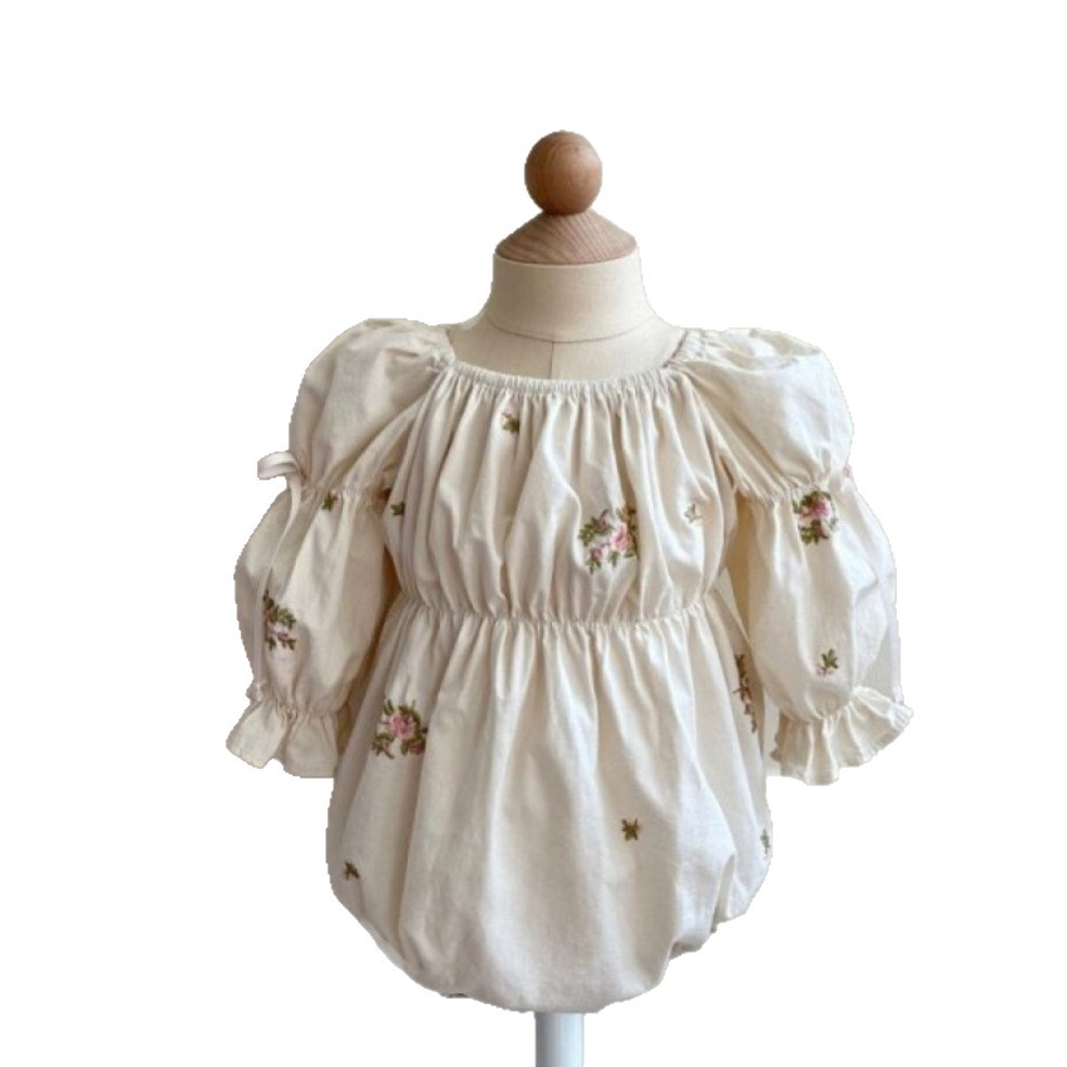 Baby Romper, Girl Floral Embroidery Puff Sleeve Bodysuit
