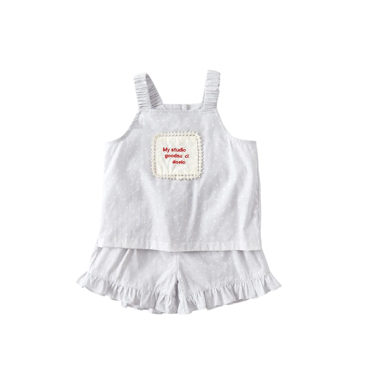 Polka Dot Patch Embroidered Strap Top with Casual Short Pants Cotton Two-Piece Set