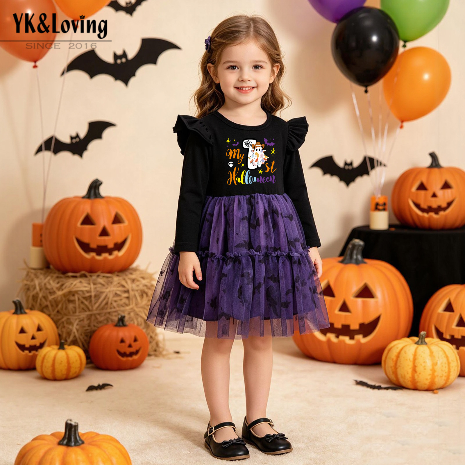 Halloween Girls' Dress with Flutter Sleeves, Black and Purple Tulle, Ghost and Bat Print, Party