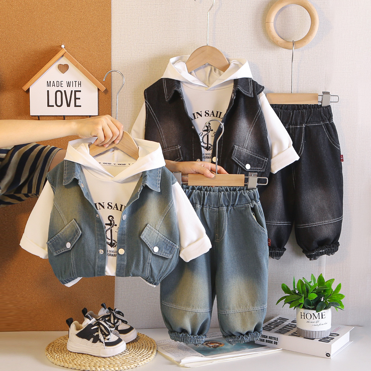 Cowboy vest hoodie three piece set for baby autumn casual wear