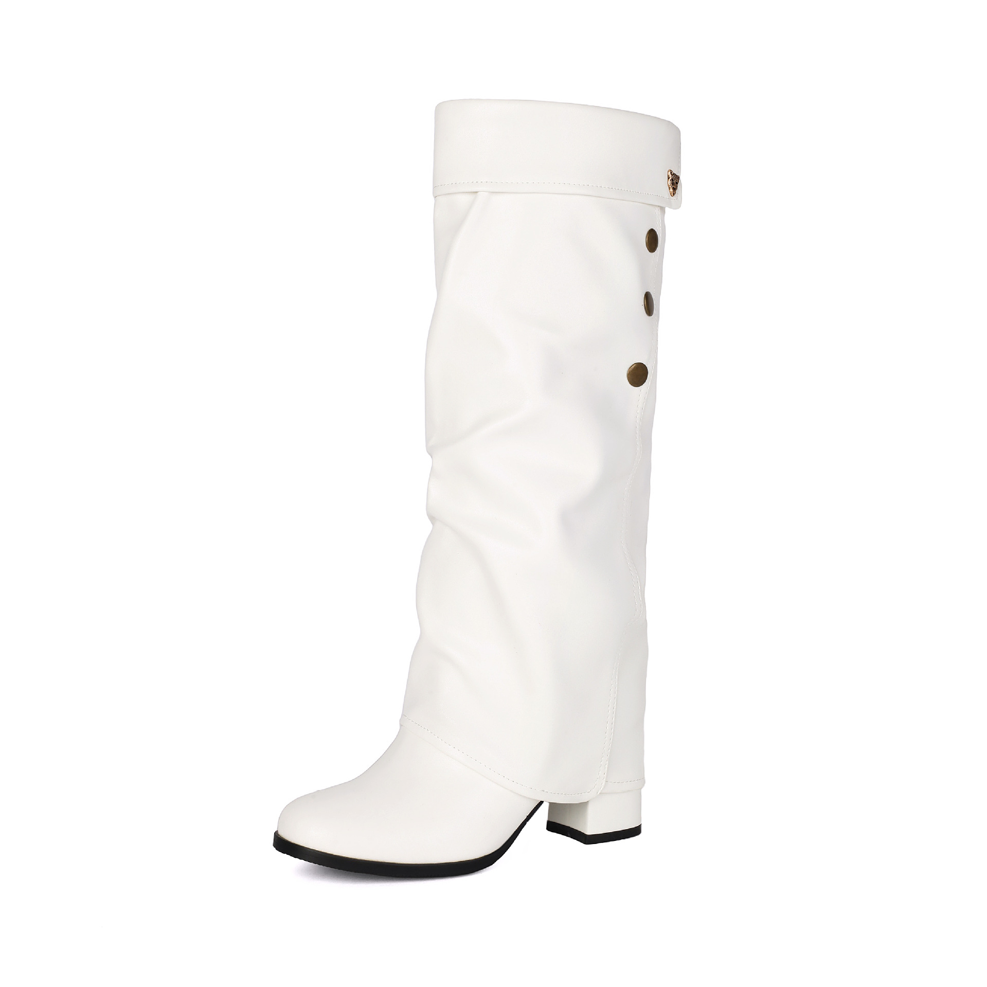 Apricot knee-high boots – close-up of fold-over cuff and gold stud button detail on smooth PU shaft