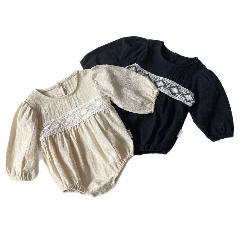 Infant Elegant Lace Trimmed Long Sleeve Onesie Baby Romper