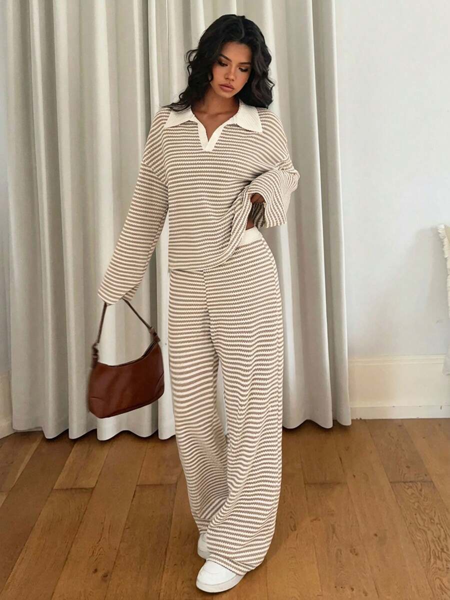 Women's striped polo top and wide leg pants set – close-up of fabric texture