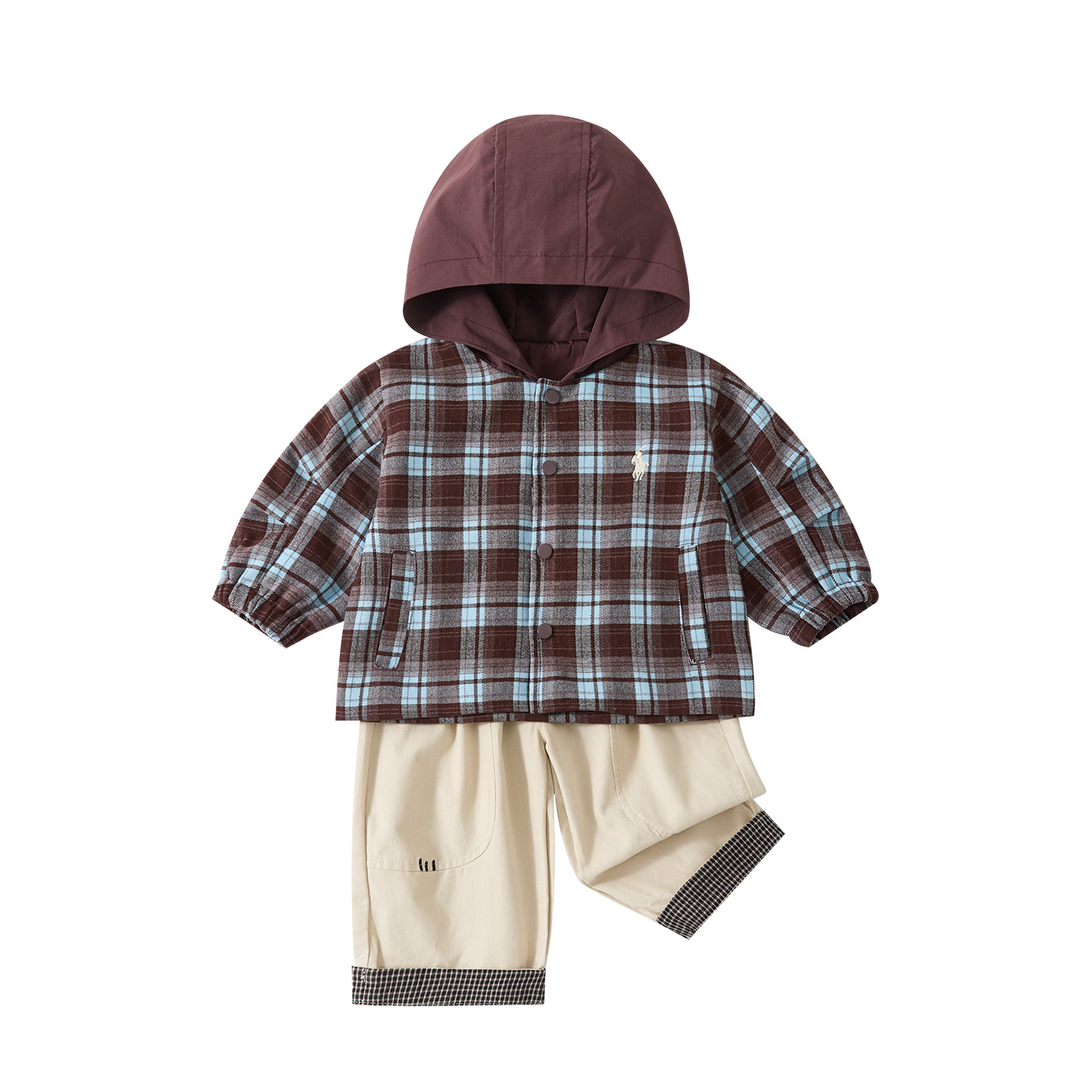 Warm Hooded Checkered Coat, Boy's Cotton Pants with Cuffed Hem, Two-Piece Set