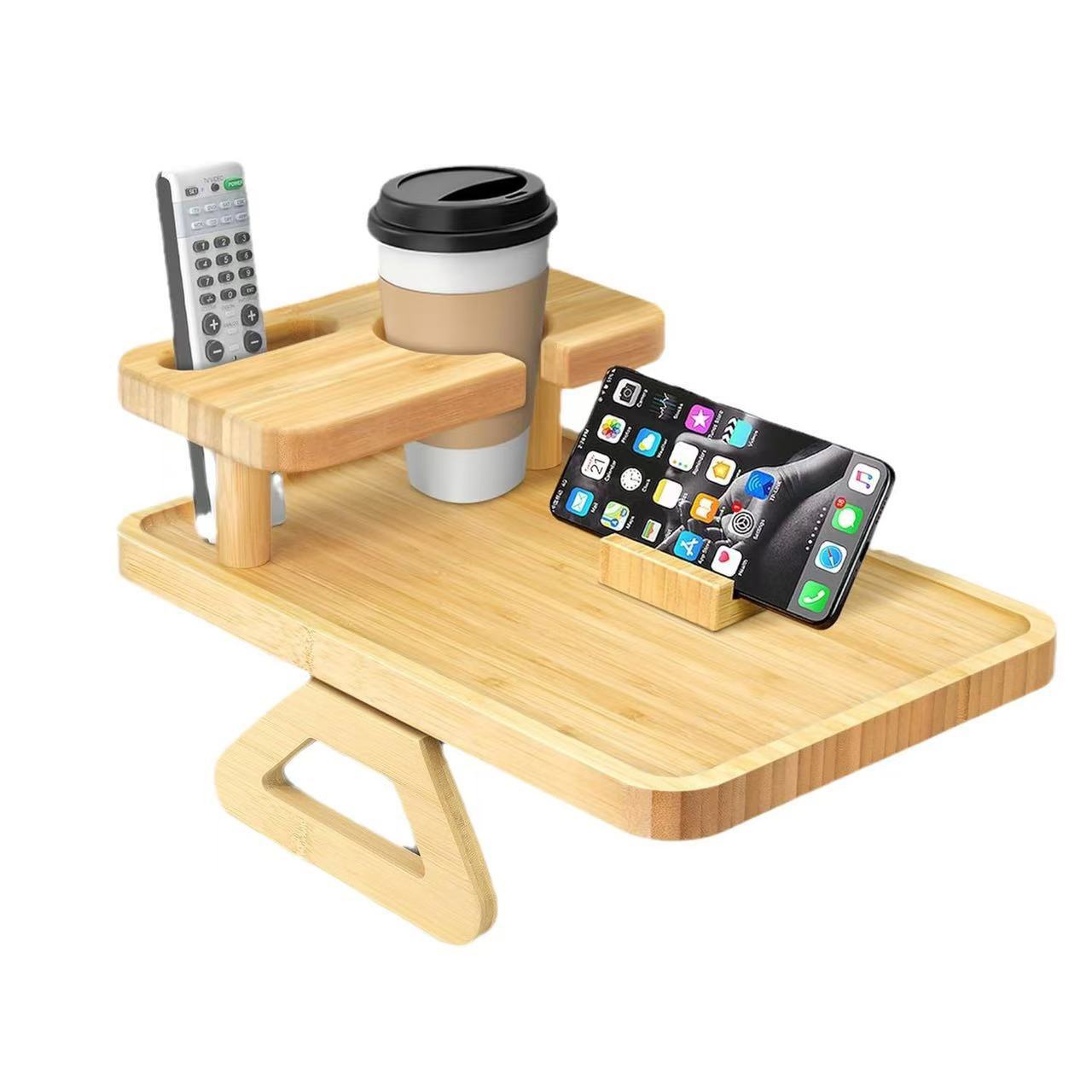 Wooden Tray Double Layer Paintable Armrest Tray with Cup Holder for Drinks and Snacks, Solid Wood