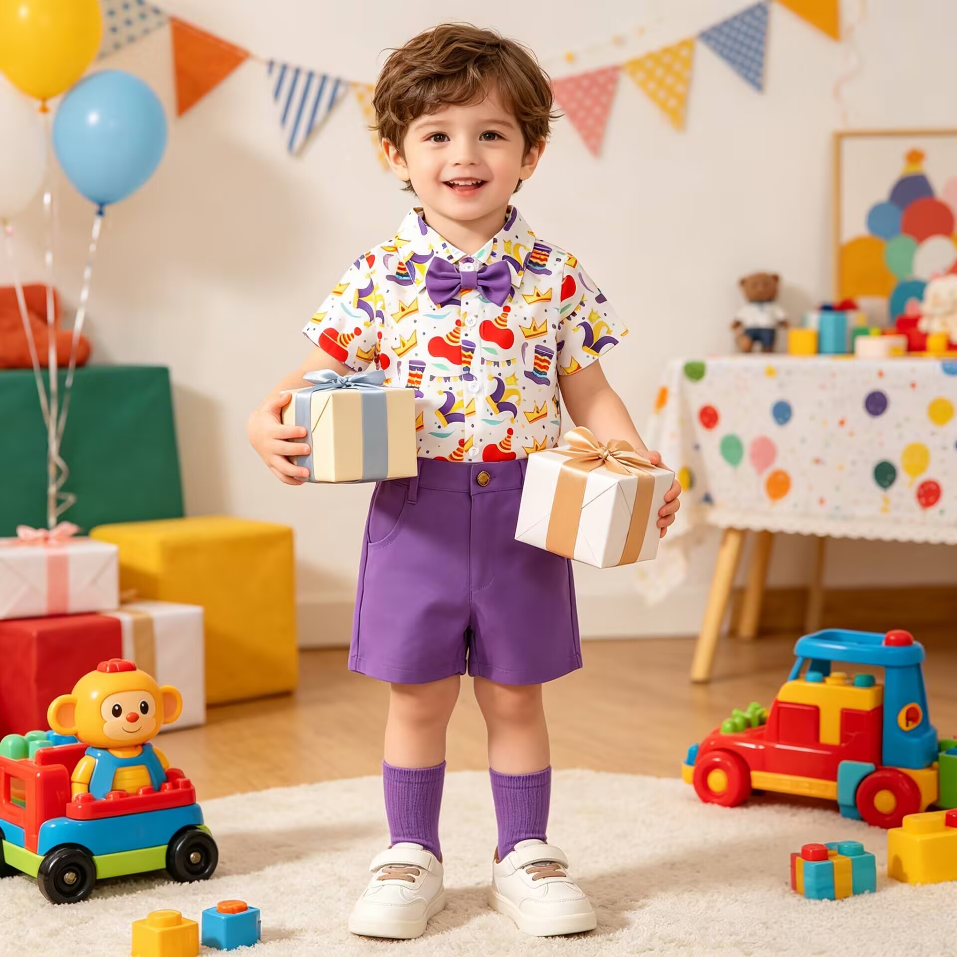 Boy's Set Baby Magic Hat Full Print Short Sleeve Shirt Bow Tie Shorts Two-Piece Set Children's