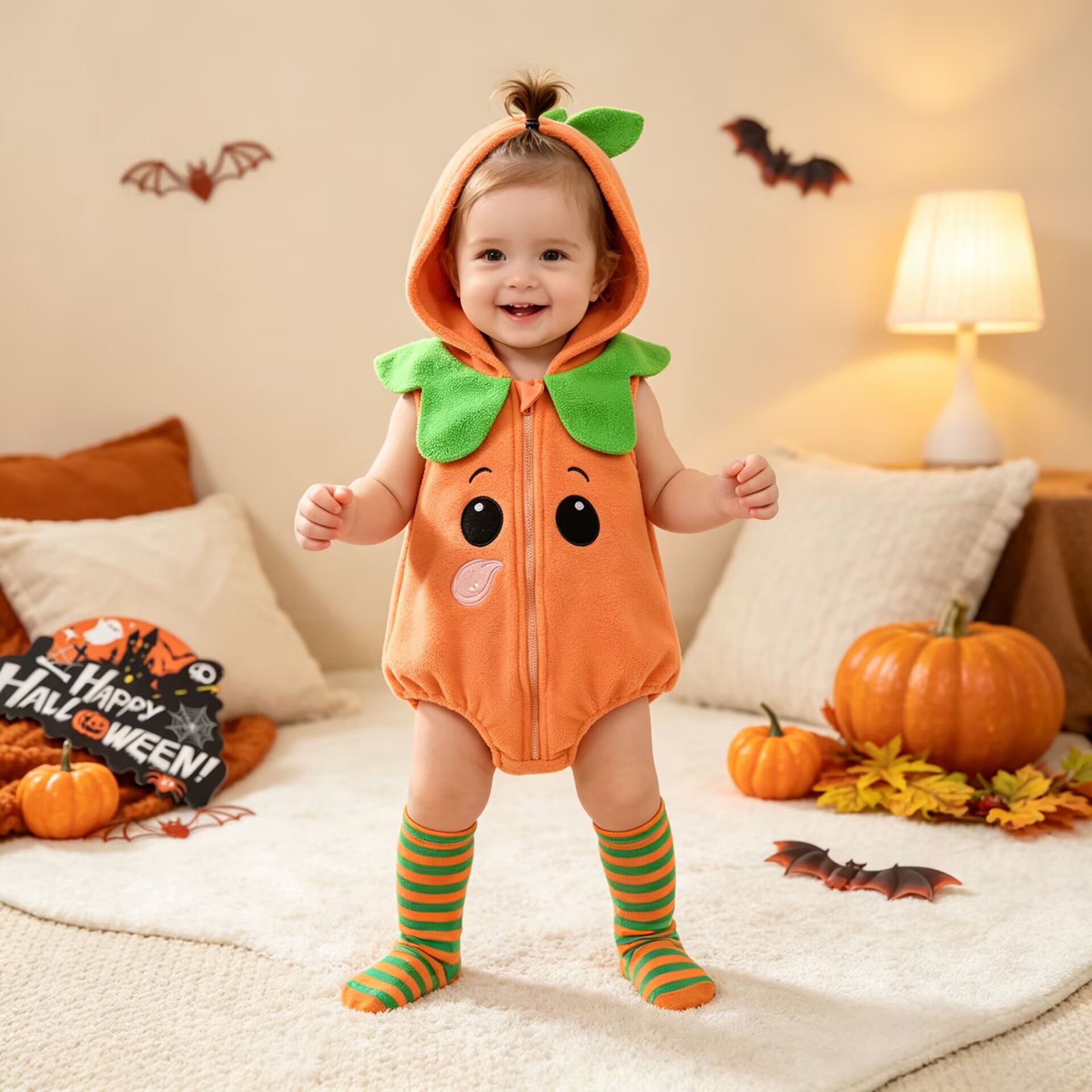 Infant Pumpkin Costume Onesie Halloween Kids Party Performance Outfit Baby Socks 2-Piece Set