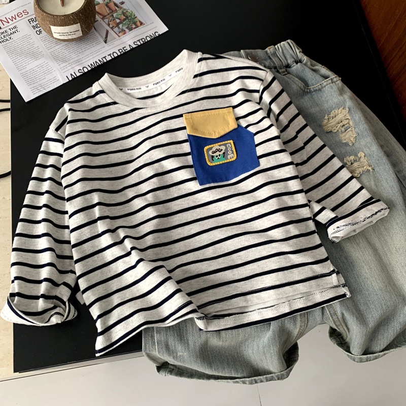 Versatile casual striped patchwork fake two piece long sleeved T-shirt