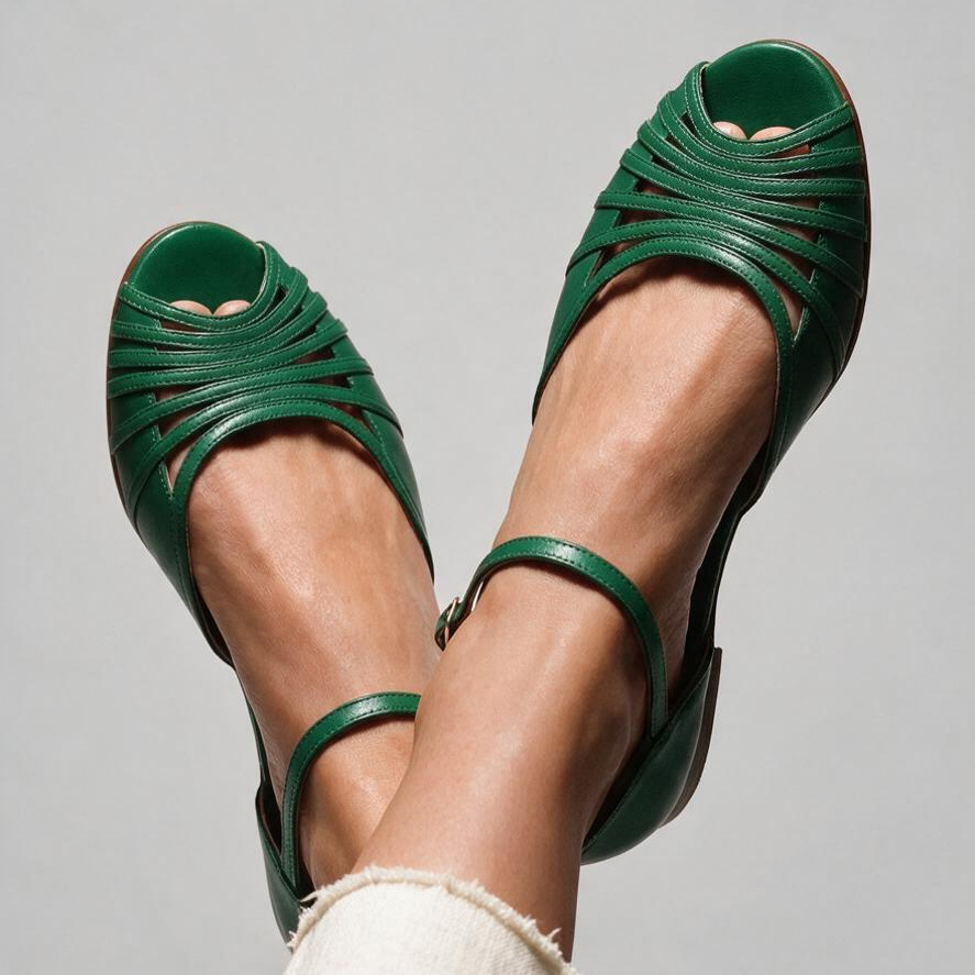 Women's cut-out sandals – side view showing flat sole and green synthetic leather upper