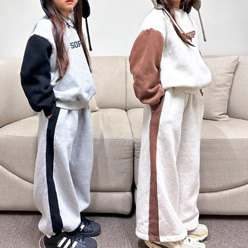 Two piece casual set with embroidered letters and velvet for boys and girls