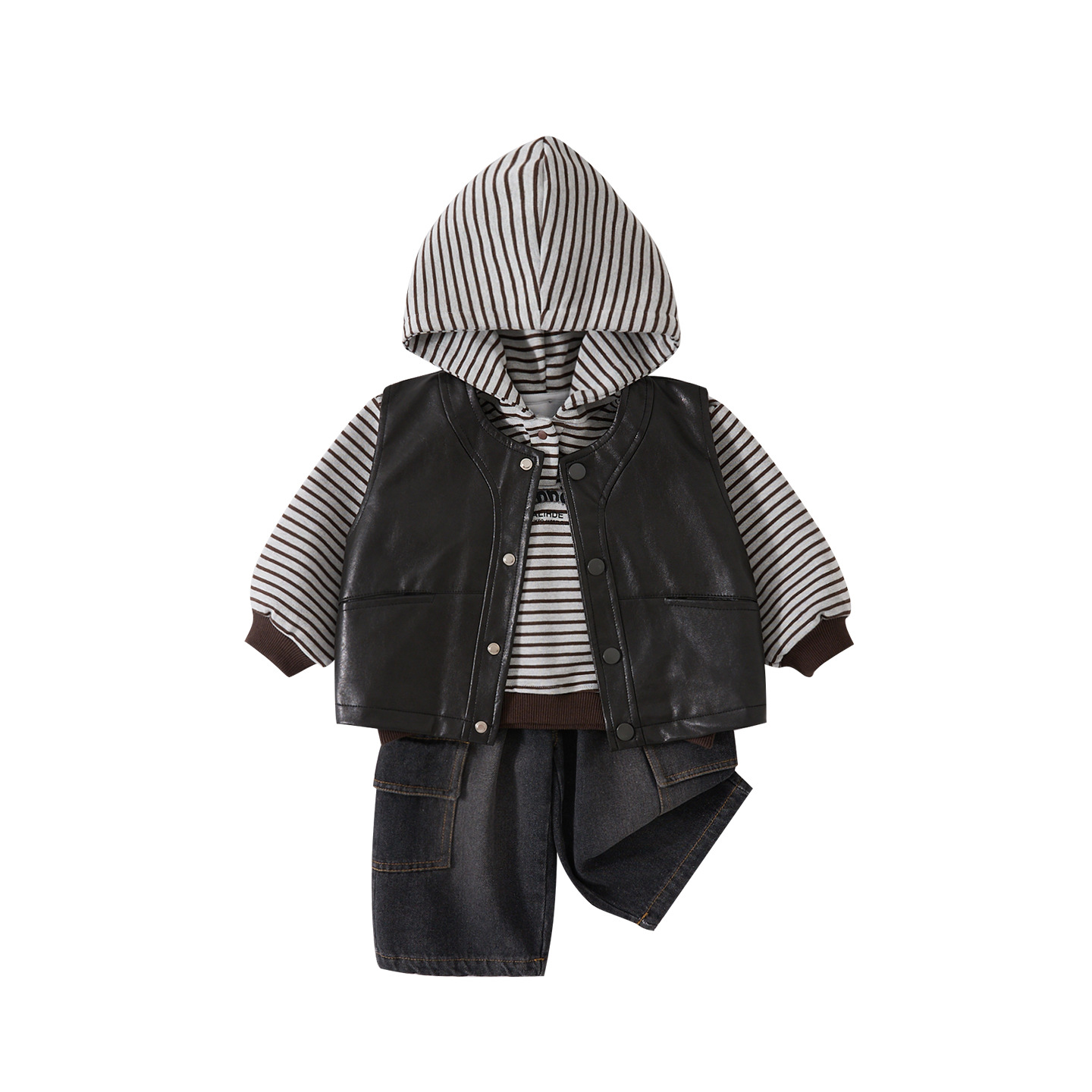 Three-Piece Set with Leather Vest, Striped Hoodie and Jeans Pants