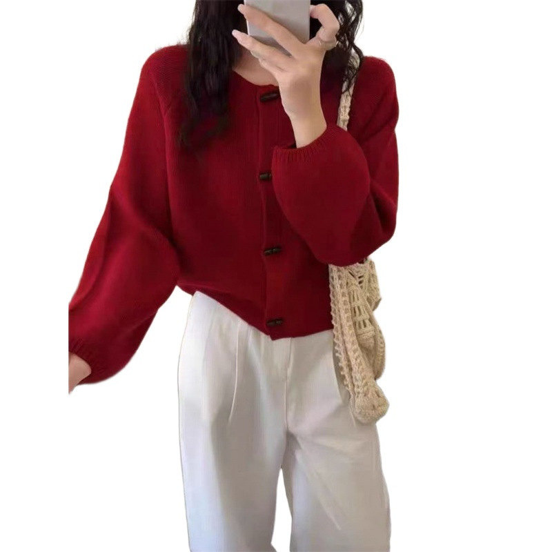 Design Horn Button Knit Cardigan for Women, Casual Round Neck Elegant Versatile Shaping Sweater Coat