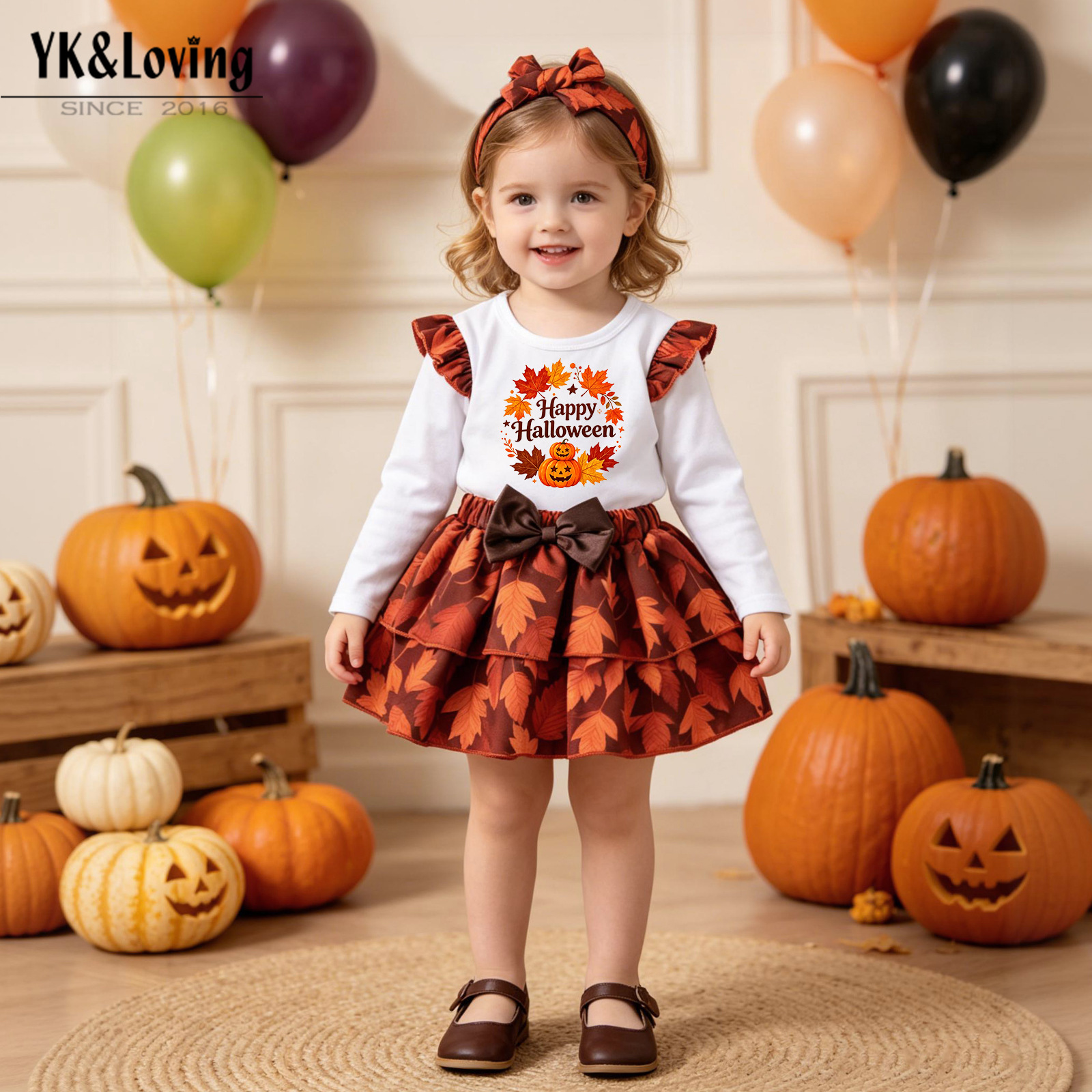 Halloween Maple Leaf Long Sleeve T-Shirt Set for Girls, Satin Maple Leaf Skirt with Headband