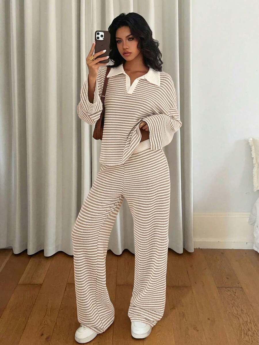 Apricot striped matching set – editorial style shot showing full silhouette