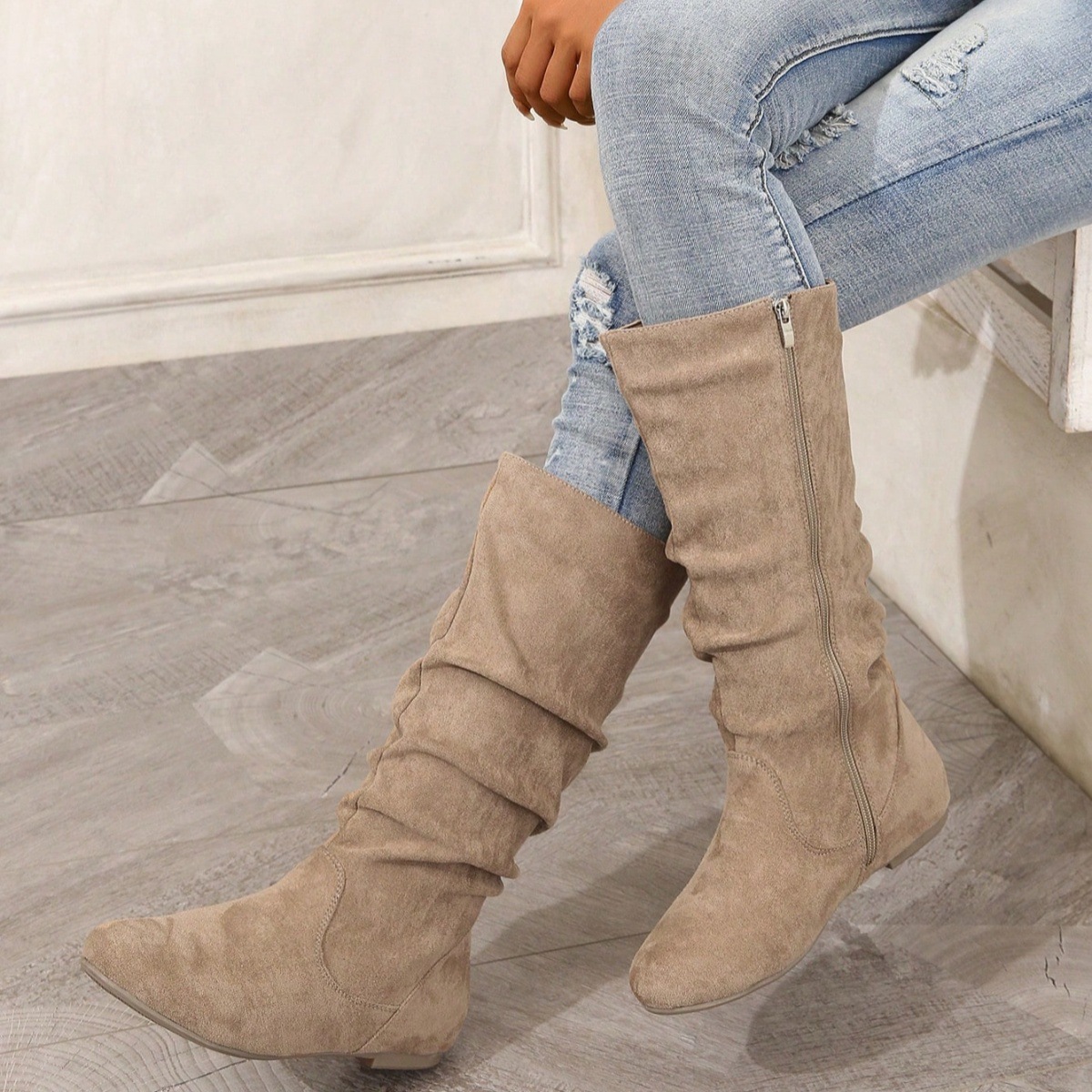 Women's suede flat boots – full product view all colors