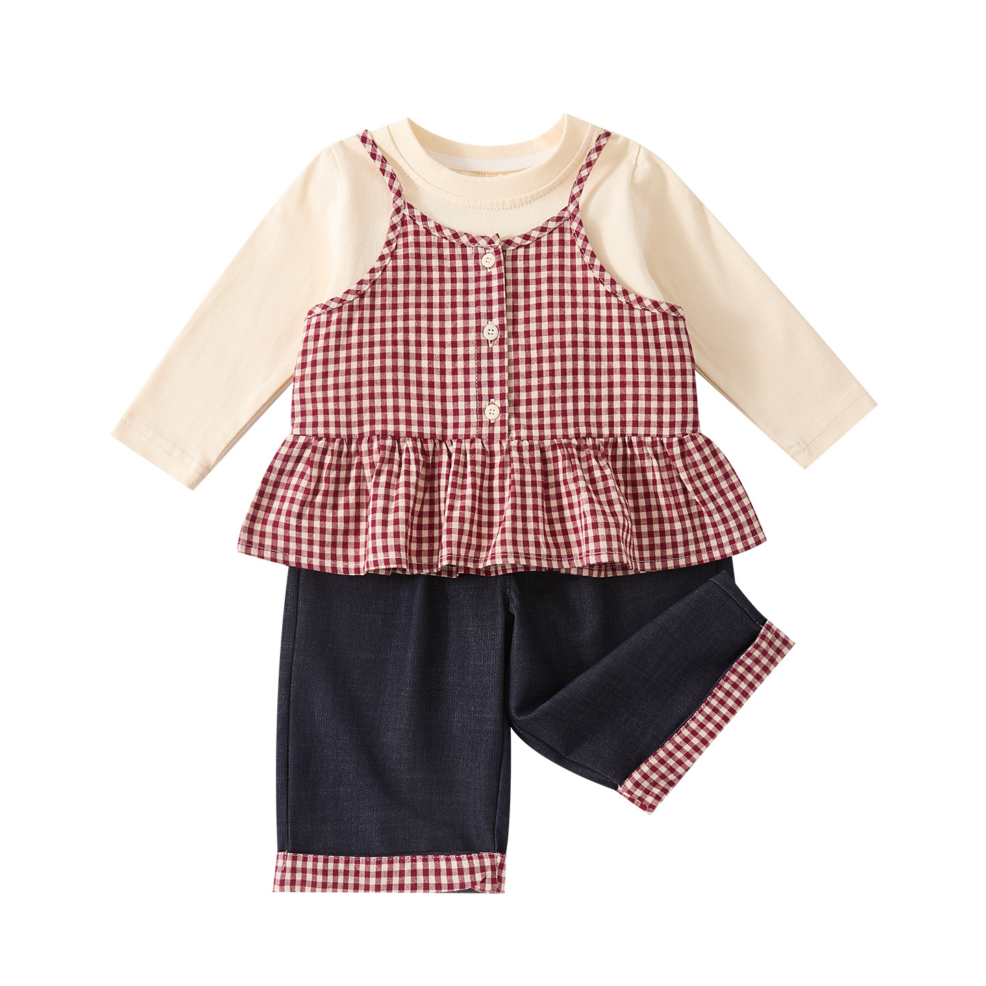 Infant Autumn Simple Long Sleeve Top, Plaid Strap Pants with Cuffed Hem Denim Set