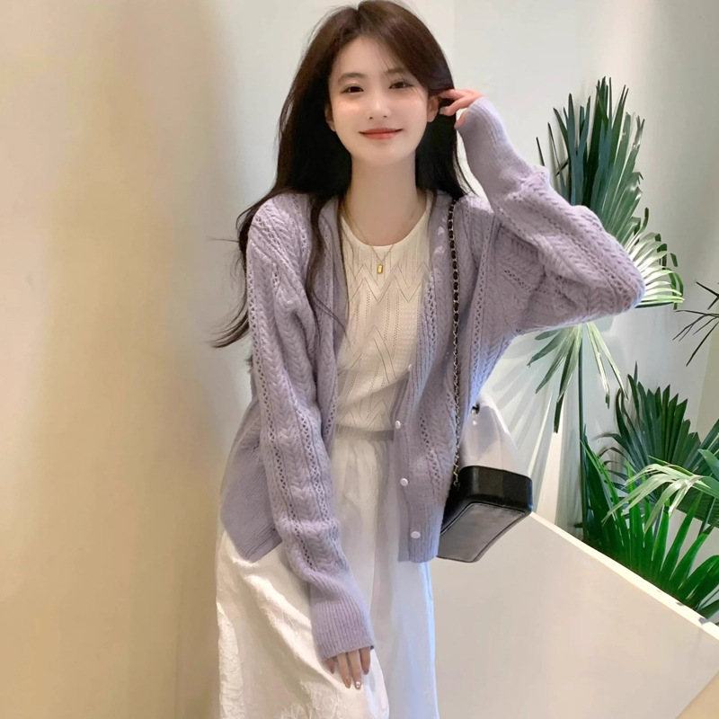 Purple Hollow Knit Cardigan Thin Outerwear for Women Spring Autumn Gentle Style Open Front Elegant
