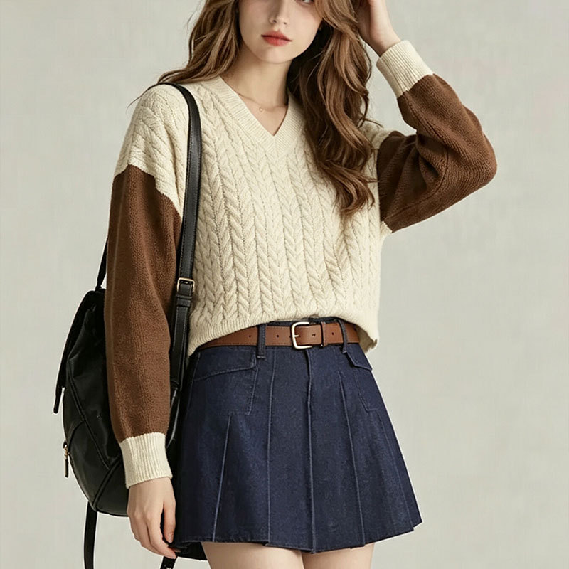 V-neck striped versatile contrasting simple knit sweater