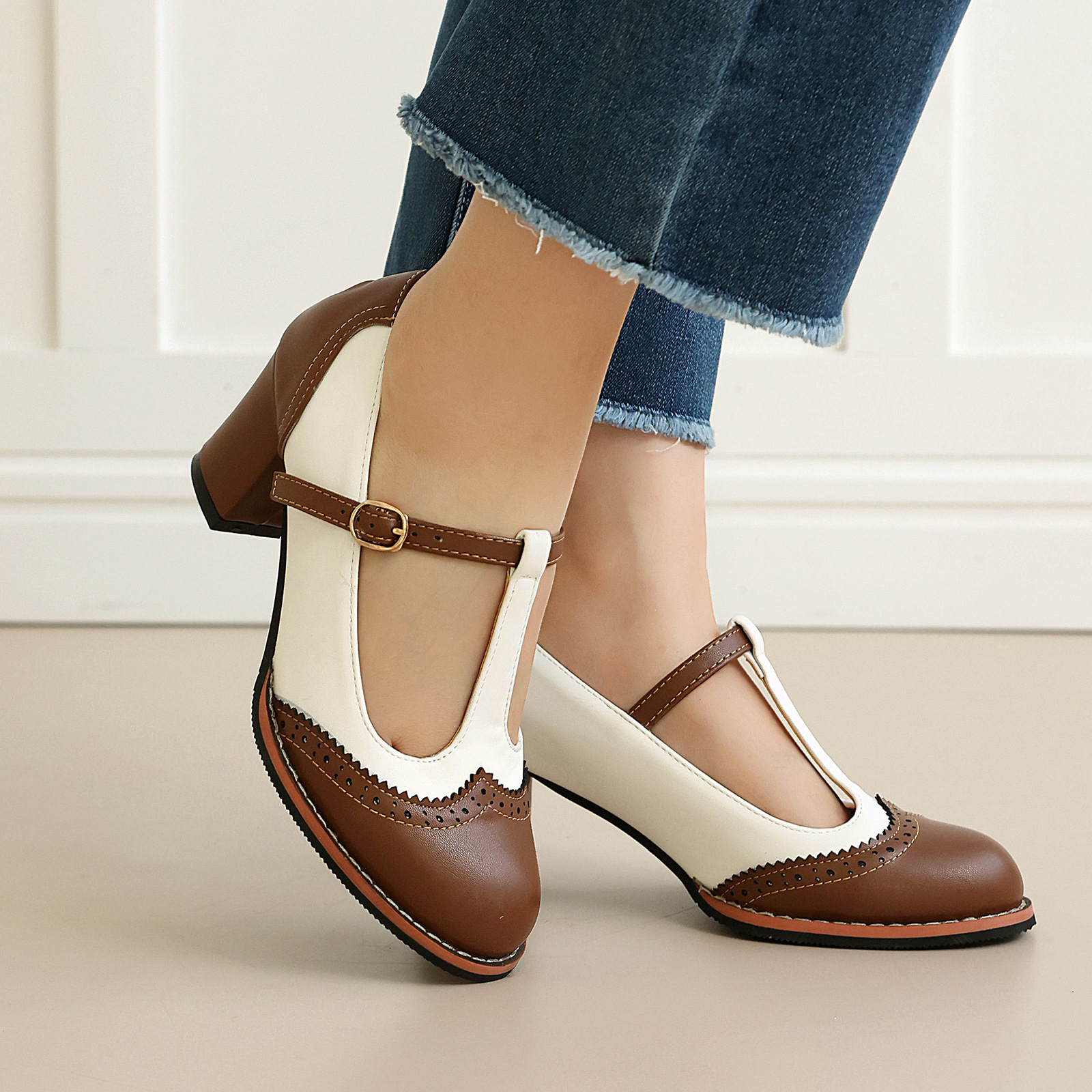 Footwear Colorful Burnout T-Strap Low-Cut Single Shoes with Thick High Heels Made to order, ships in