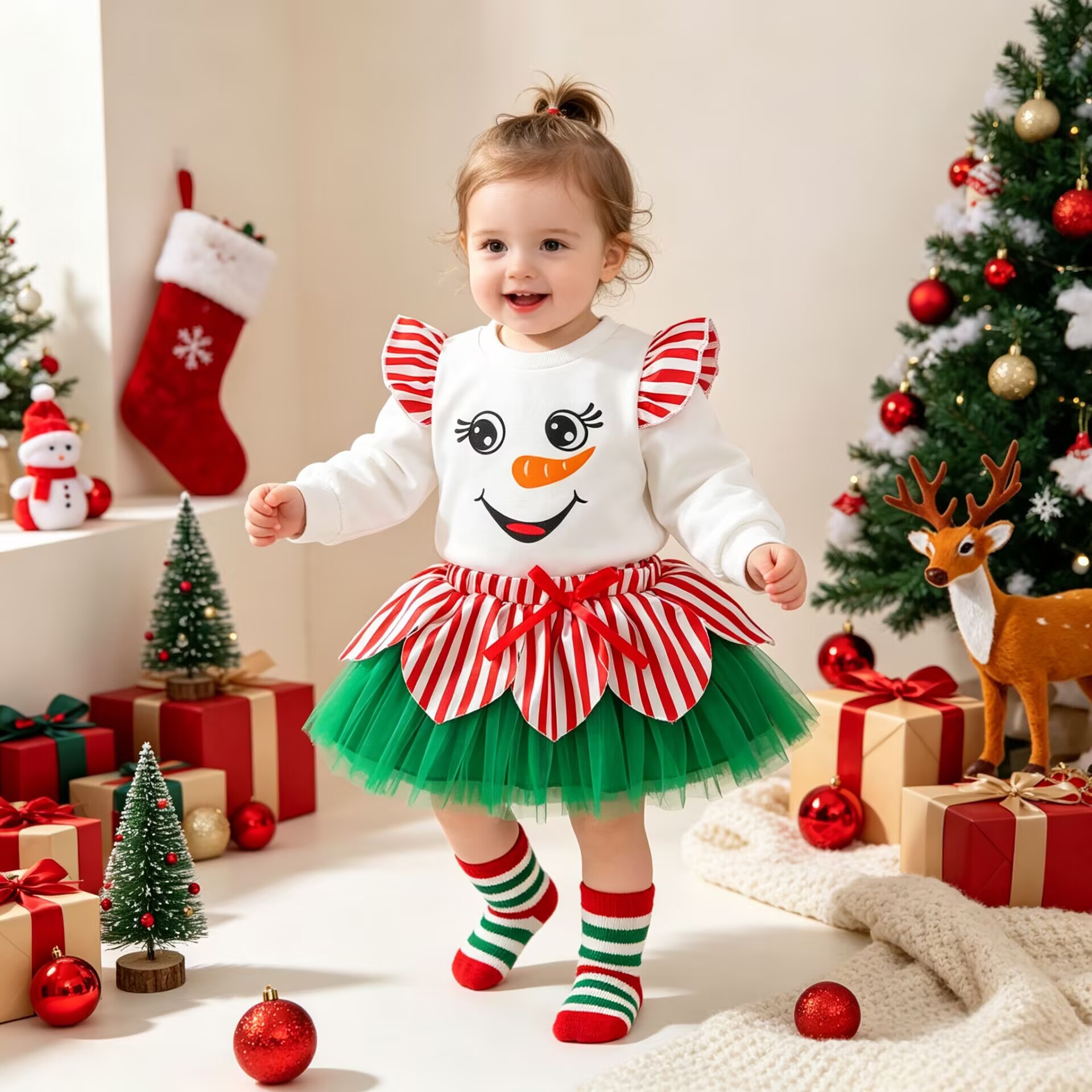 Children's Christmas Set: Snowman Print Striped Flutter Sleeve Top with Tulle Skirt, Festive Outfit