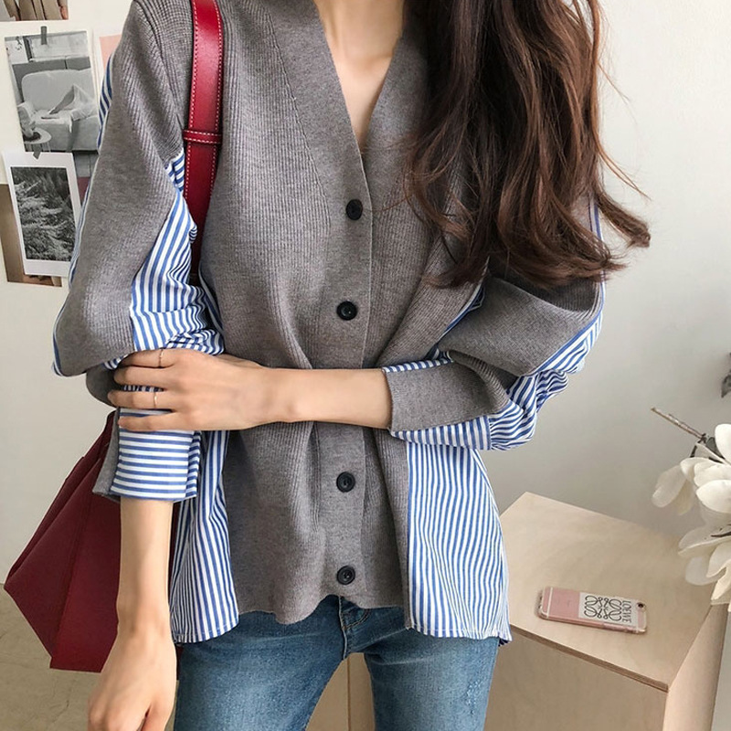 Striped shirt patchwork long sleeved knitted sweater cardigan jacket