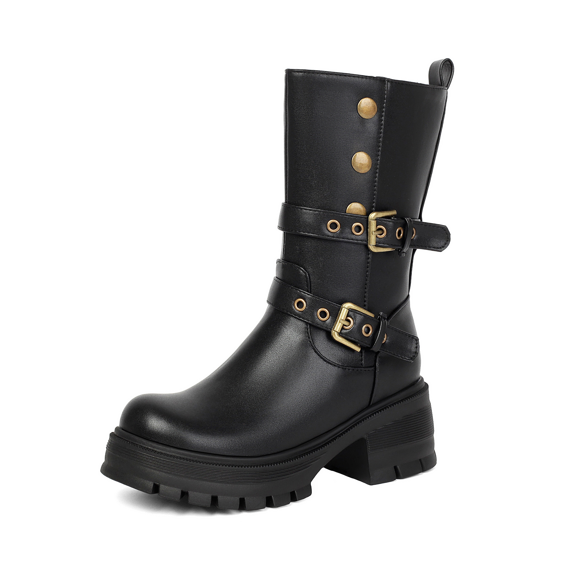 Black faux suede moto boots – close-up of dual gold buckle straps and eyelet hardware detail