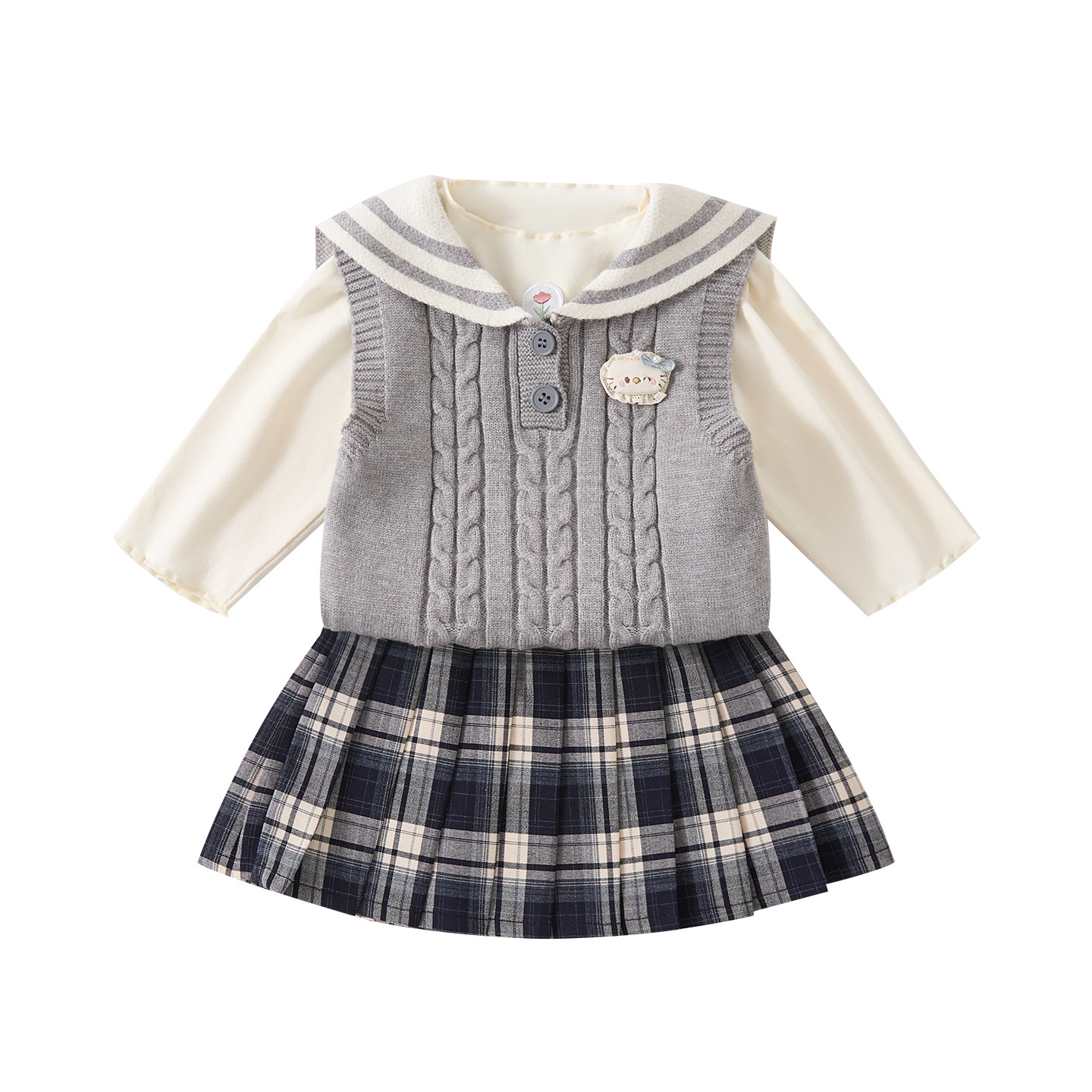 Simple Base Layer Navy Collar Knit Vest, Korean Style Plaid Pleated Skirt 3-Piece Set