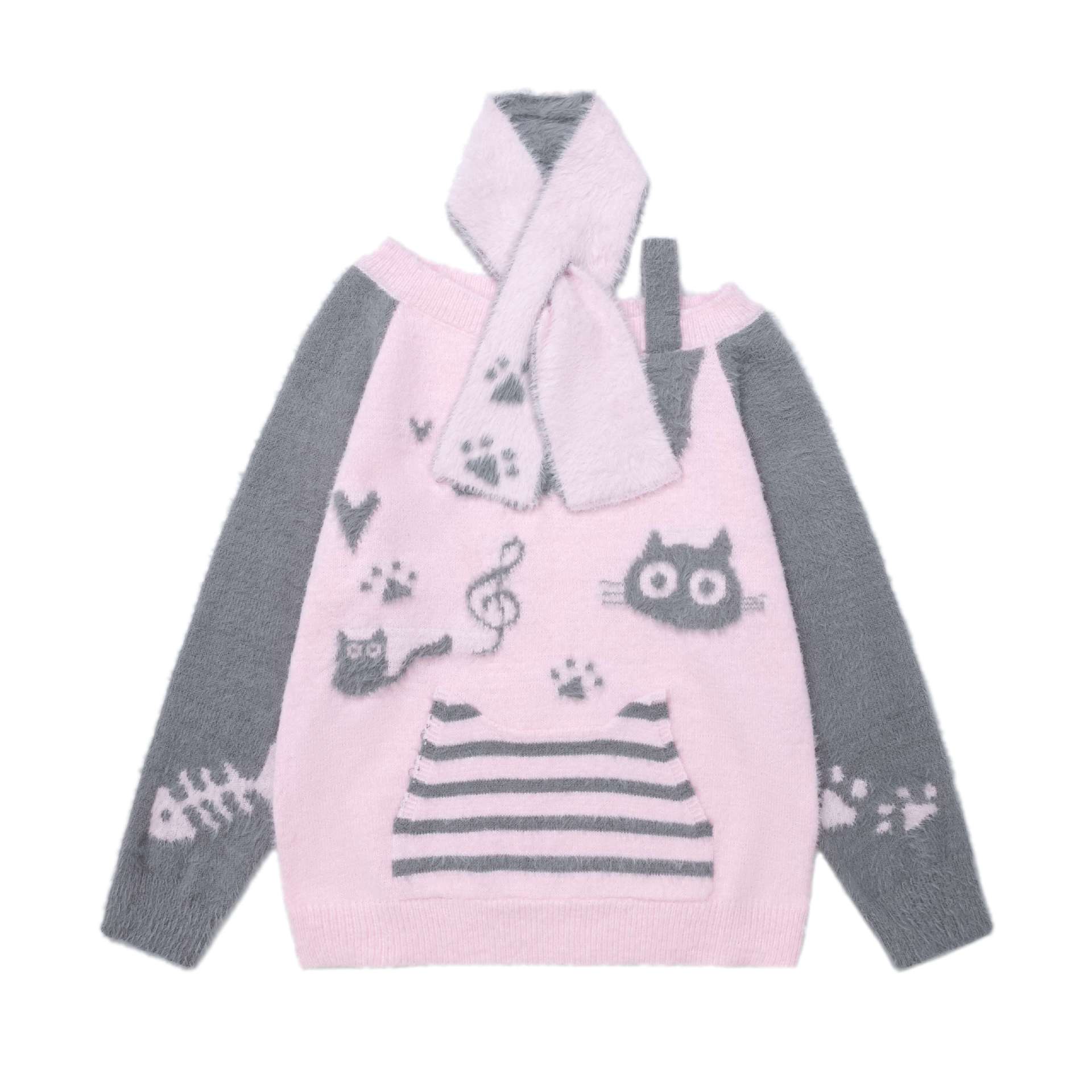 Slanted Shoulder One Shoulder Cat Sweater