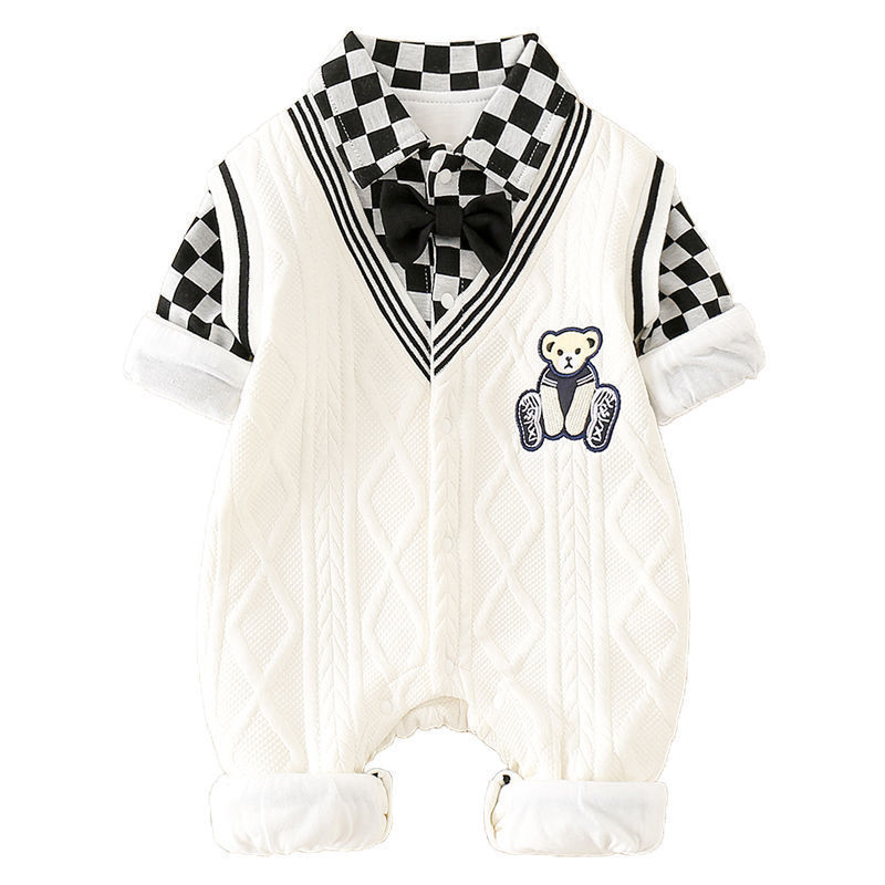 Double-Layer Romper, Baby Boy Outerwear Crawler Suit, Fake Two-Piece Long Sleeve Bodysuit