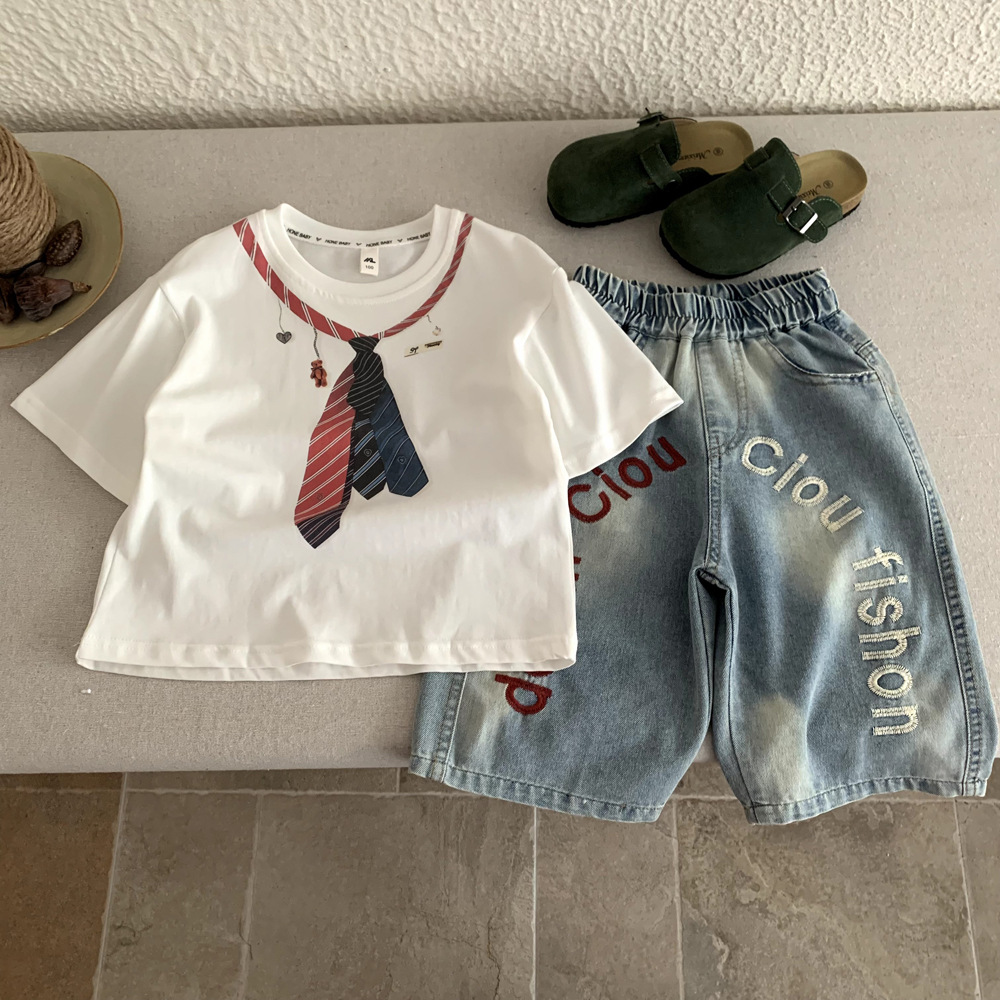 Children's thin summer T-shirt denim shorts two-piece set