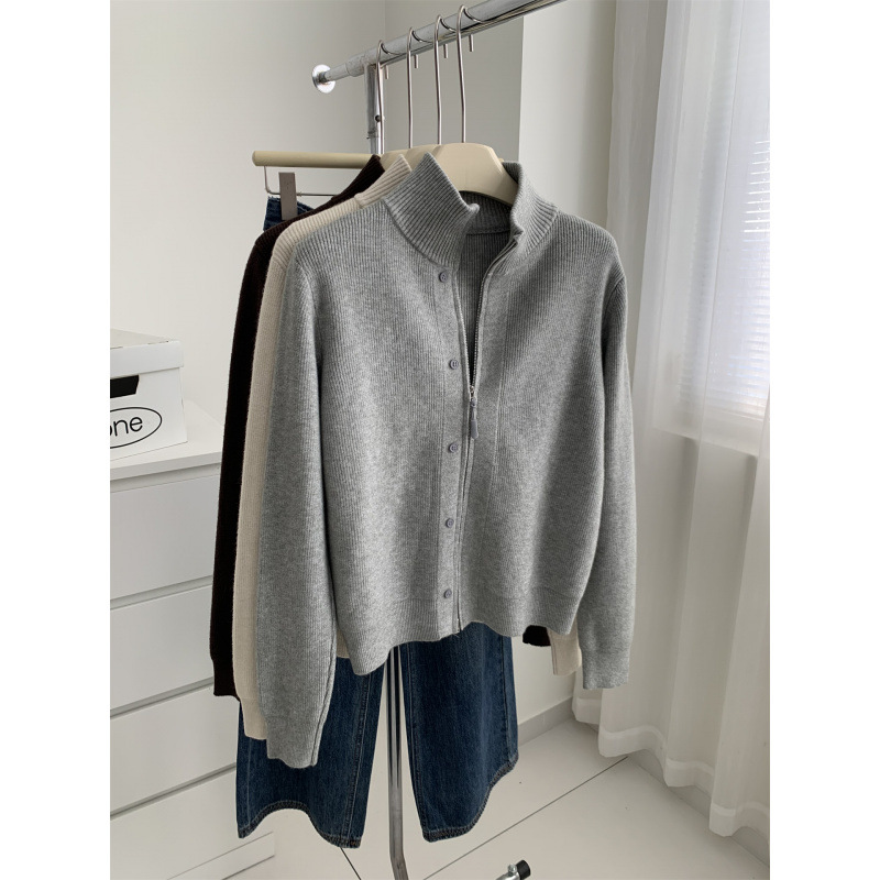 Stand Collar Double Zipper Knit Cardigan for Women