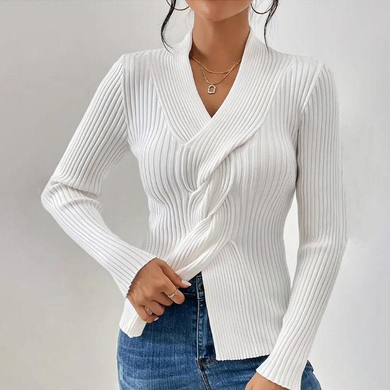 Women's knit sweater, fashion elegant, ribbed hem with slit, long sleeve, solid color, slim fit