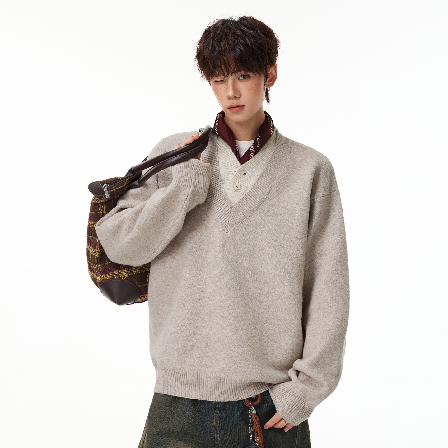 Vintage Retro Two-Piece V-Neck Knit Sweater for Men, Autumn Winter Loose Casual Lazy Style Knitted
