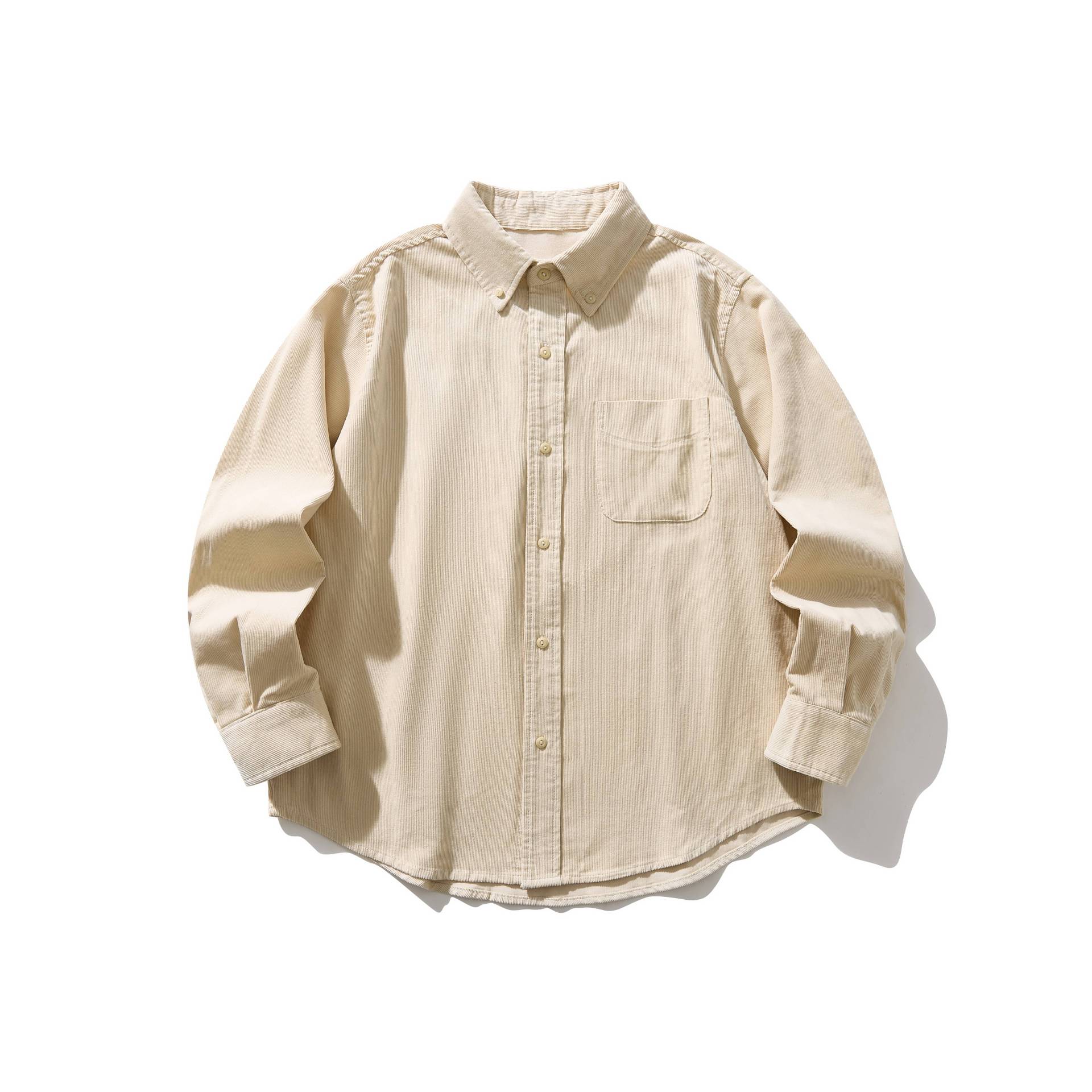 Minimalist Solid Color Fine Stripe Corduroy Turn-Down Collar Long Sleeve Loose Shirt