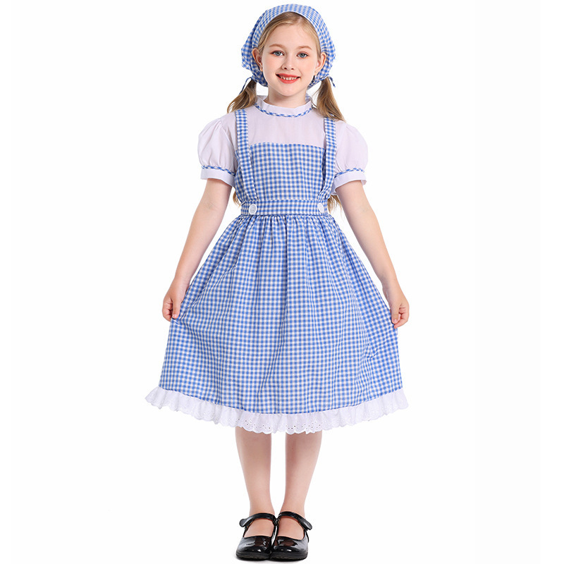 Halloween Costume for Girls Children Cosplay Dress Stage Drama Performance Costume Blue Checkered