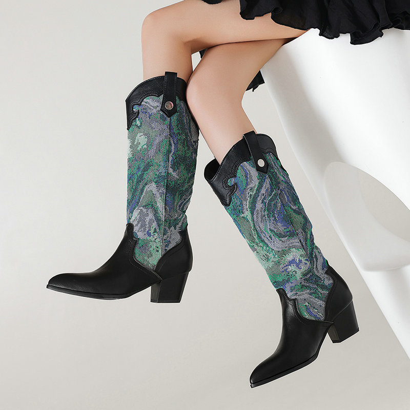 Retro Ethnic Style Patchwork Pointed Toe Western Boots Chunky Heel High Shaft Western Cowboy Boots