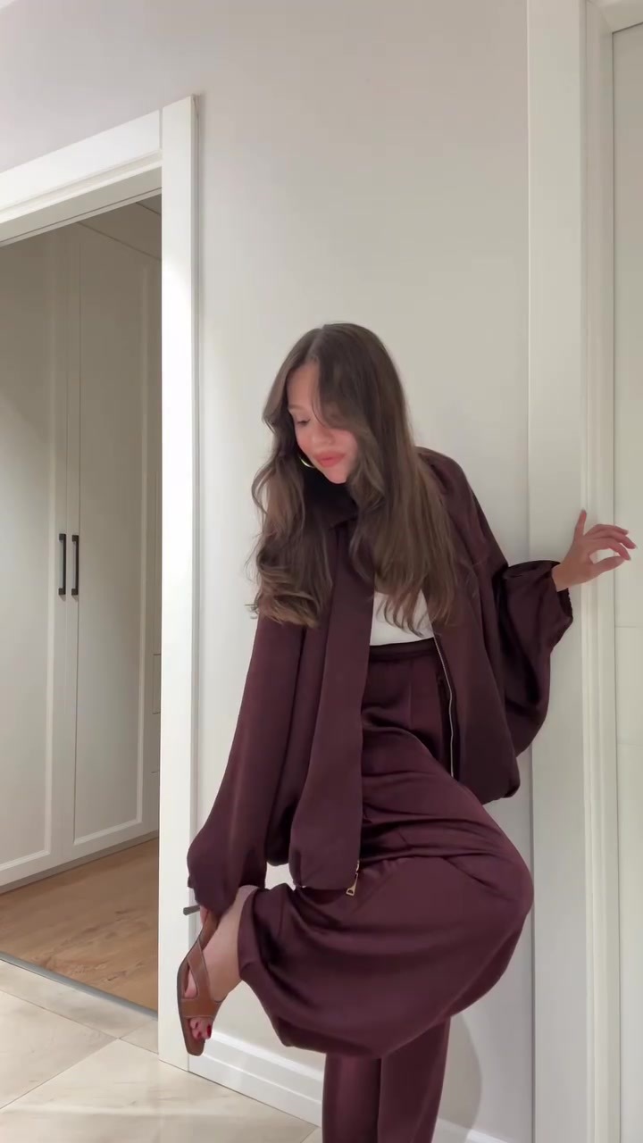 Flip collar two-piece set in chestnut – editorial lifestyle photo