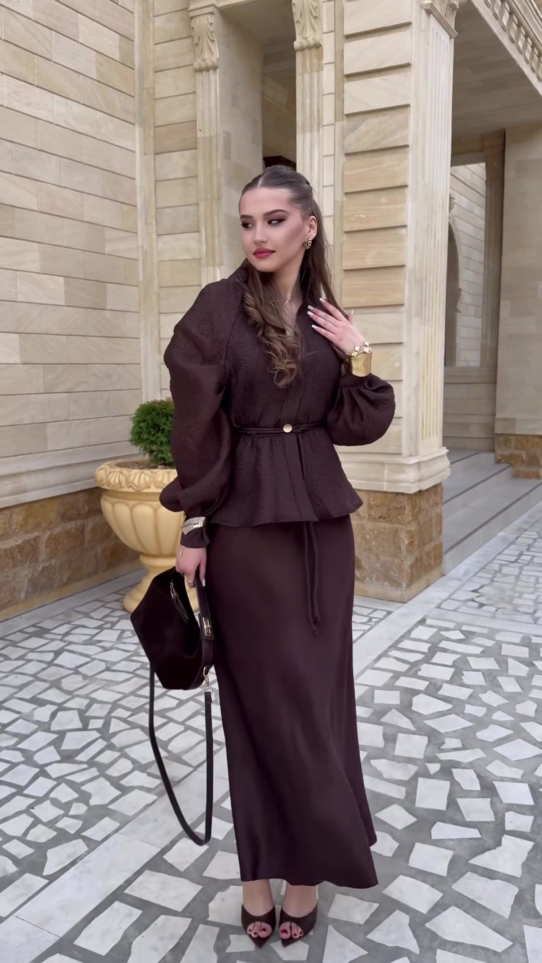Women's V-neck belted top and maxi skirt set — back view