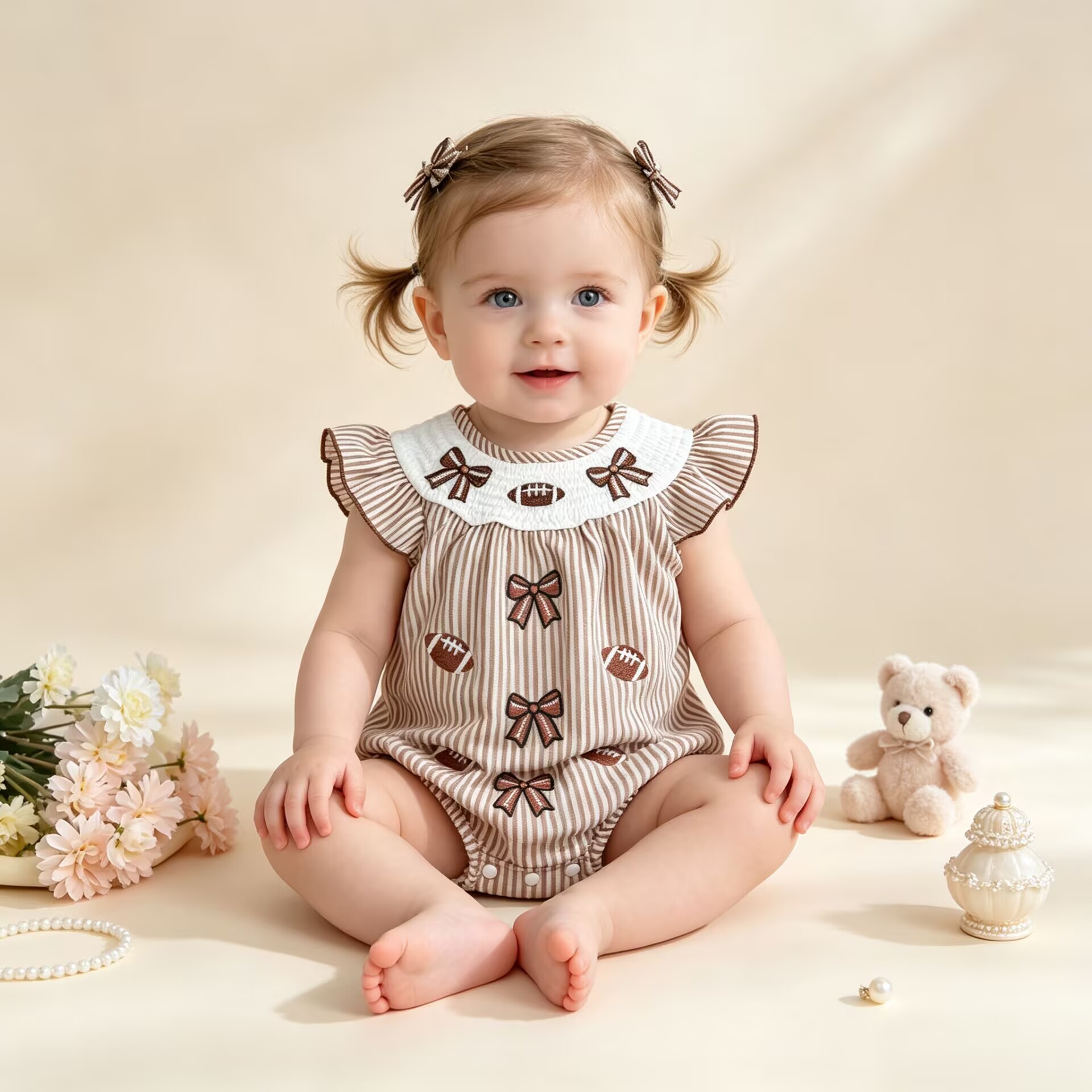 Infant Romper Striped Bowtie Football Embroidery Baby Girl Onesie Short Sleeve Crawler